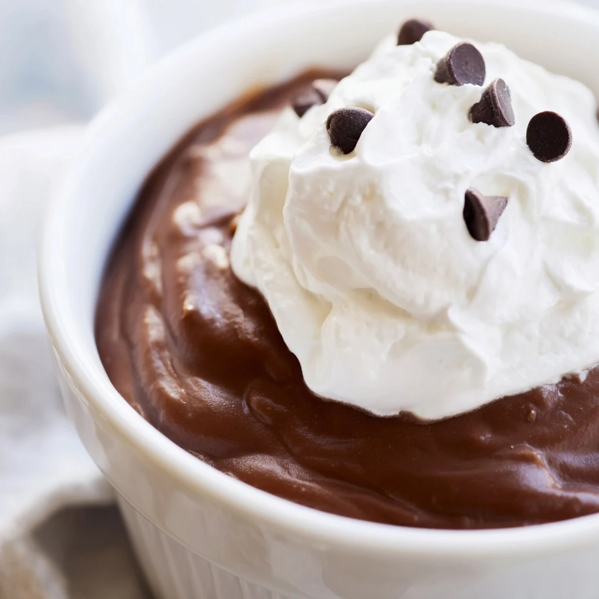 Velvety chocolate pudding with homemade whipped cream and chocolate shavings in a glass serving dish.