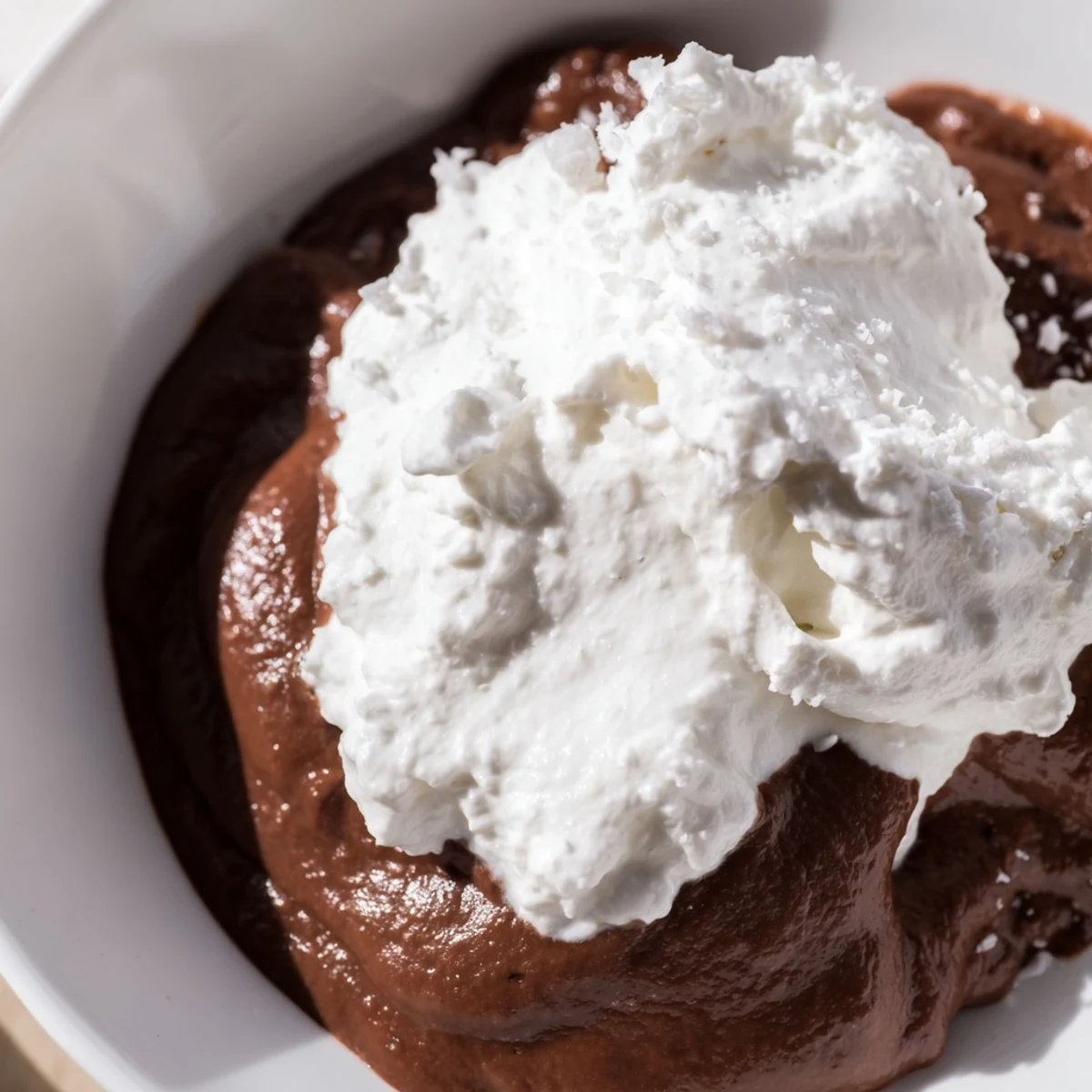 Rich chocolate pudding with fluffy homemade whipped cream garnish on a decorative plate.