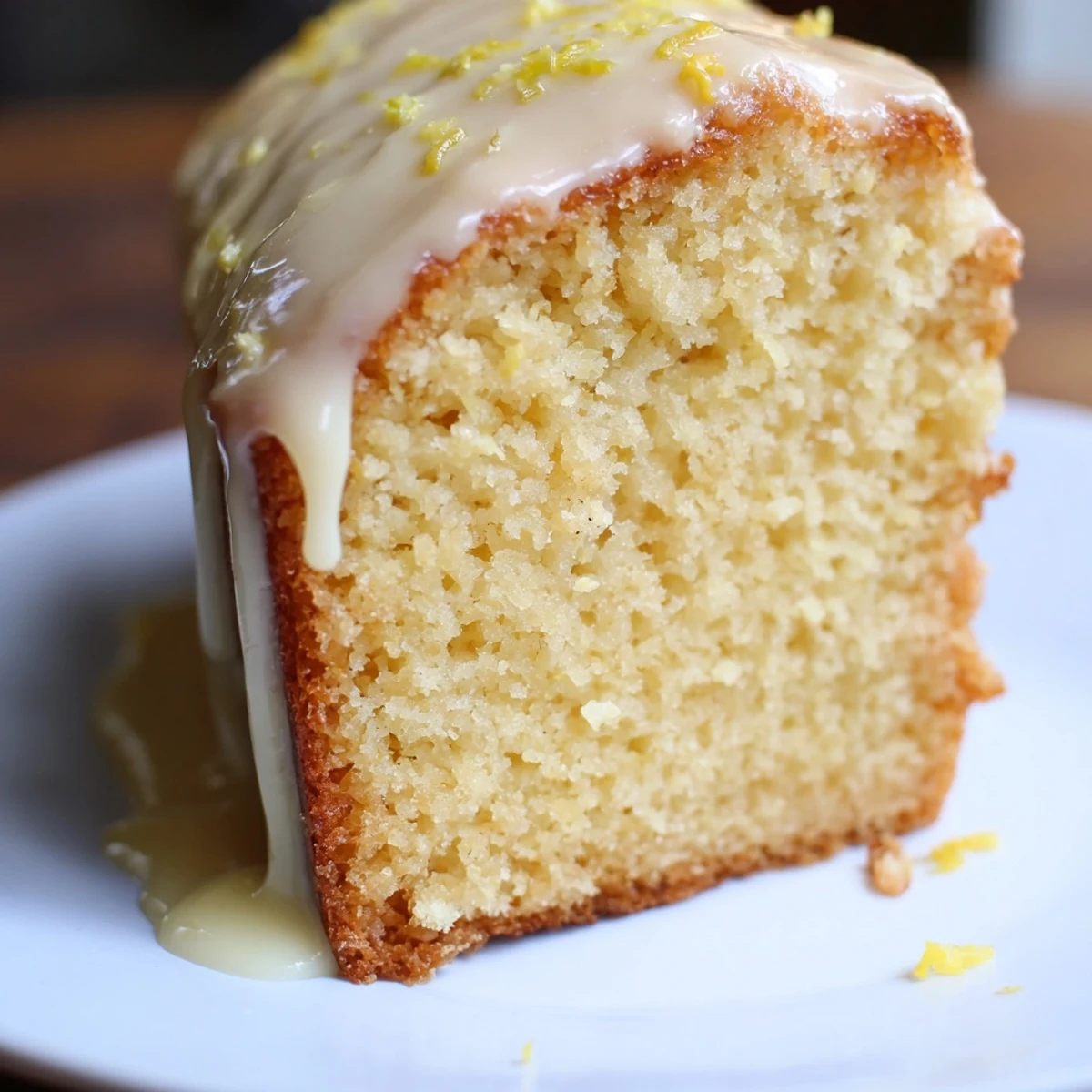 Freshly baked Lemon Loaf Cake with sweet icing, sliced to show its moist, tender crumb, ready to serve with tea.