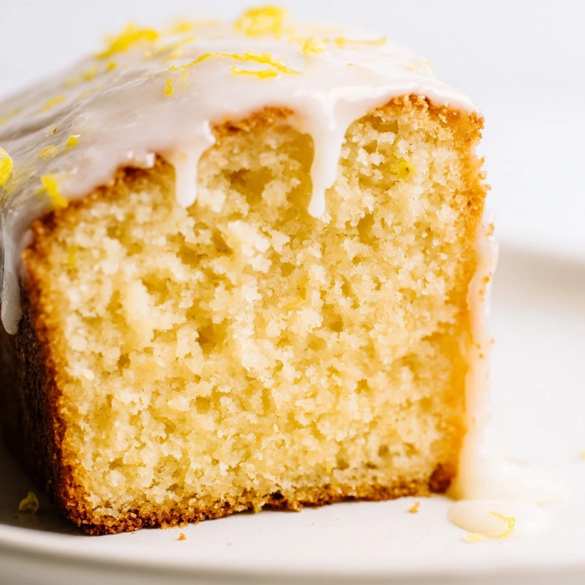 Golden Lemon Loaf Cake with sweet lemon icing, served on a plate with a fork for dessert or tea time.