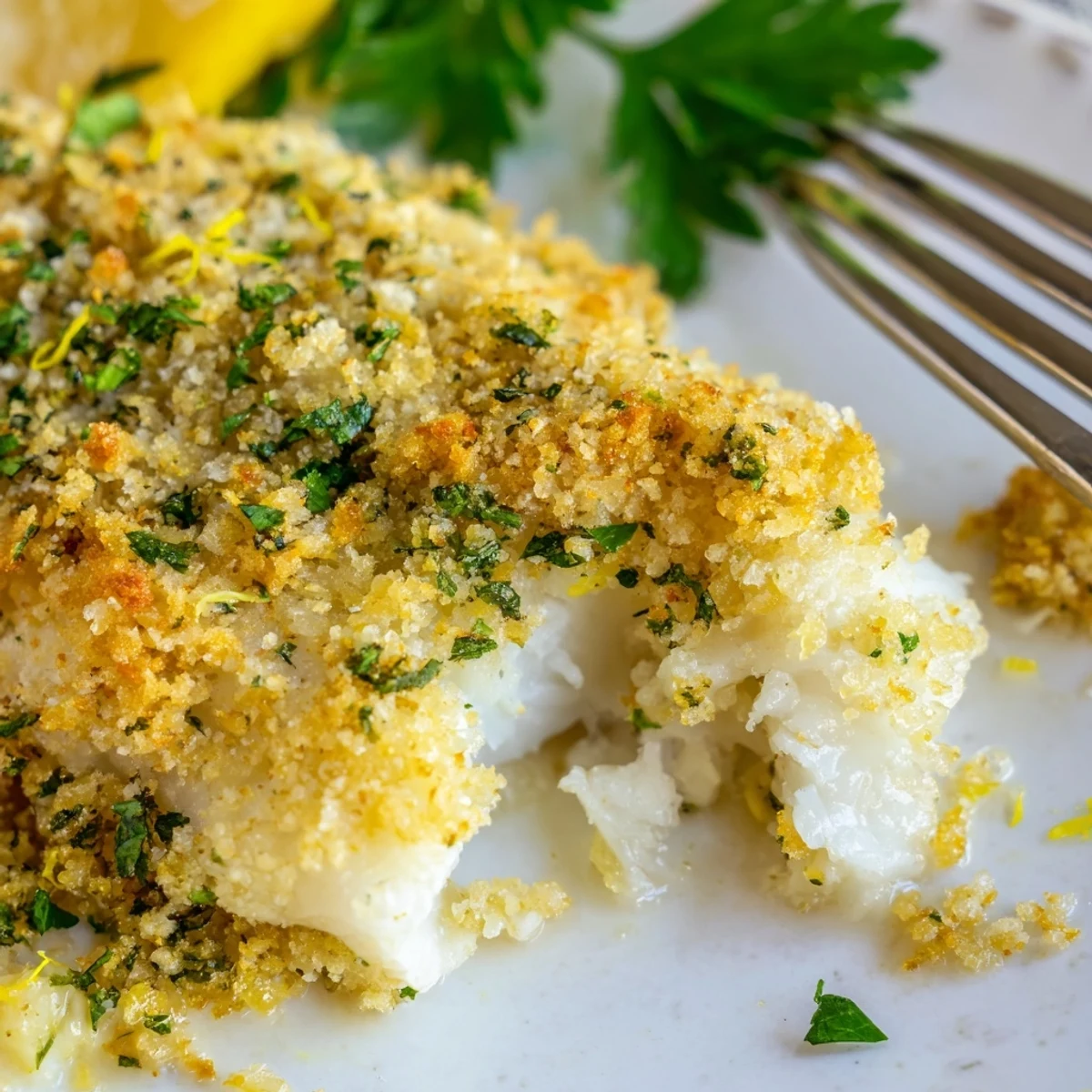 Freshly baked haddock with buttery breadcrumbs and lemon wedges on the side, served on a rustic wooden table.