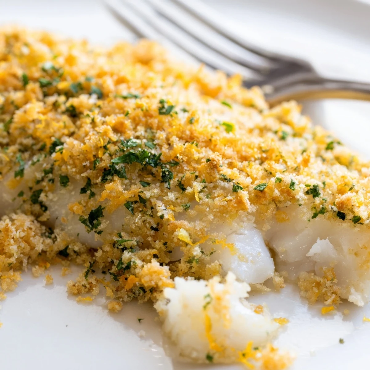 Golden, flaky baked haddock with butter breadcrumbs in a white ceramic baking dish, garnished with fresh parsley and lemon zest.