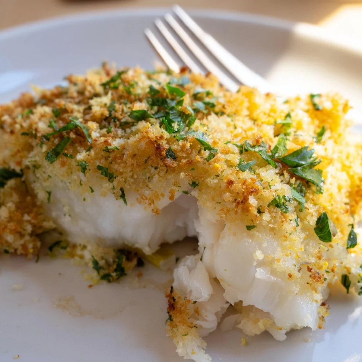 Close-up of baked haddock fillets topped with crisp golden breadcrumbs, highlighting the tender white fish flakes.