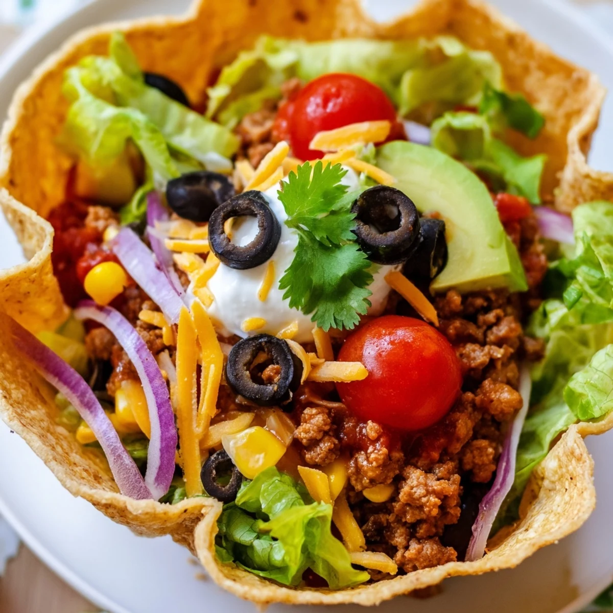 Golden crispy flour tortilla shell filled with seasoned ground beef, black beans, corn, and fresh romaine lettuce.