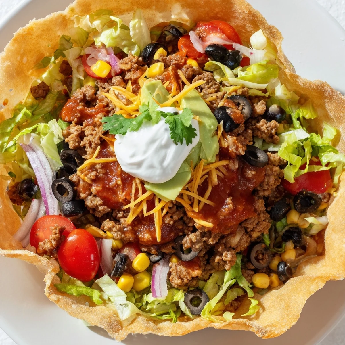 Colorful Tex-Mex beef taco salad topped with sour cream, chunky salsa, and creamy avocado slices.