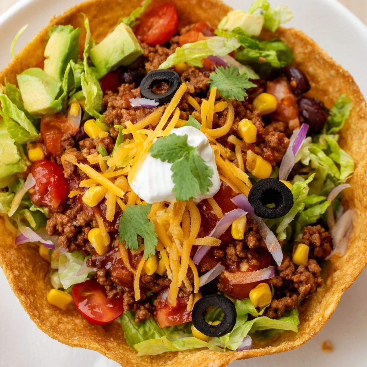 Homemade Beef Taco Salad with Crispy Shell ready to serve with lime wedges and shredded cheddar.
