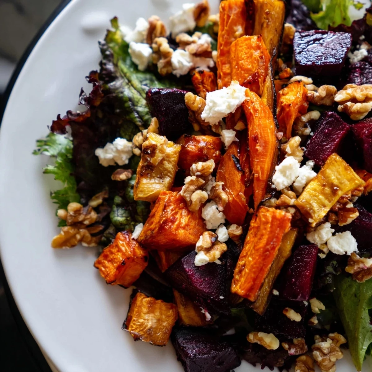 A warm Roasted Root Vegetable Salad served in a rustic bowl, topped with crumbled goat cheese and toasted walnuts for a cozy fall meal.  