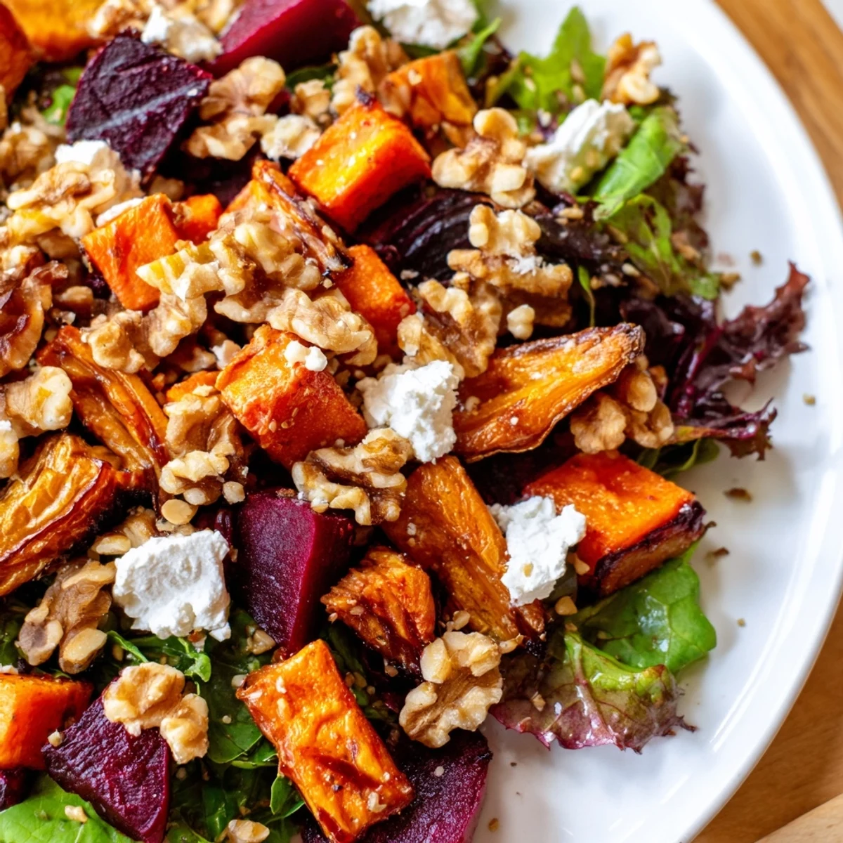 Vibrant Roasted Root Vegetable Salad with bright beets, arugula, and pecans, drizzled with a honey-Dijon vinaigrette for a healthy side dish.
