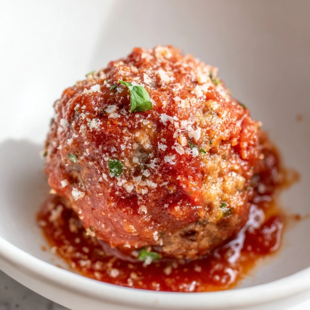 A close-up of herb-flecked turkey meatballs simmering in a vibrant tomato sauce, garnished with fresh basil leaves.