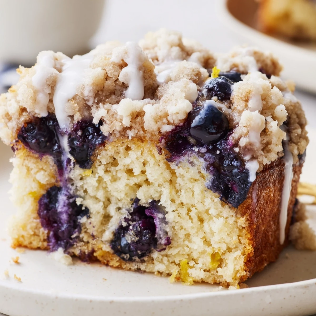 A slice of Lemon Blueberry Coffee Cake reveals a moist crumb studded with juicy blueberries and a buttery crumb topping.