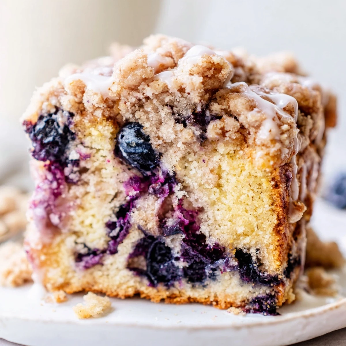 A rustic, close-up view of Lemon Blueberry Coffee Cake showing the tender cake and vibrant blueberries peeking through the crumb topping.