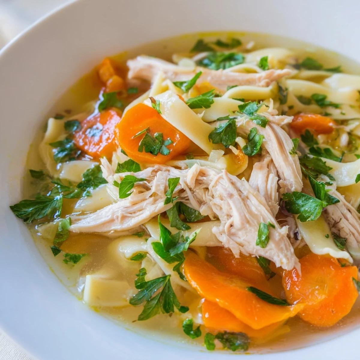A warm bowl of homemade chicken noodle soup with tender shredded chicken, carrots, celery, and egg noodles in a savory broth.  