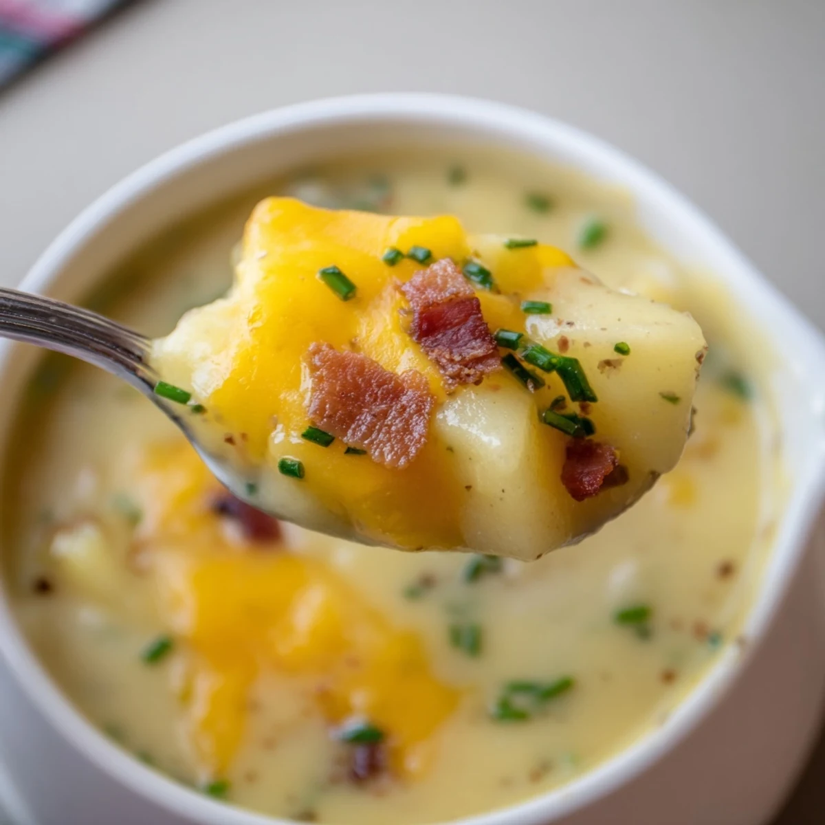 A warm bowl of creamy Irish Cheddar Potato Soup topped with fresh chives and crumbled bacon, perfect for a cozy dinner.