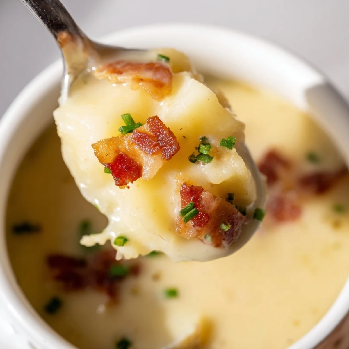 Rustic Irish Cheddar Potato Soup in a bread bowl, garnished with chives, alongside a slice of crusty sourdough bread.