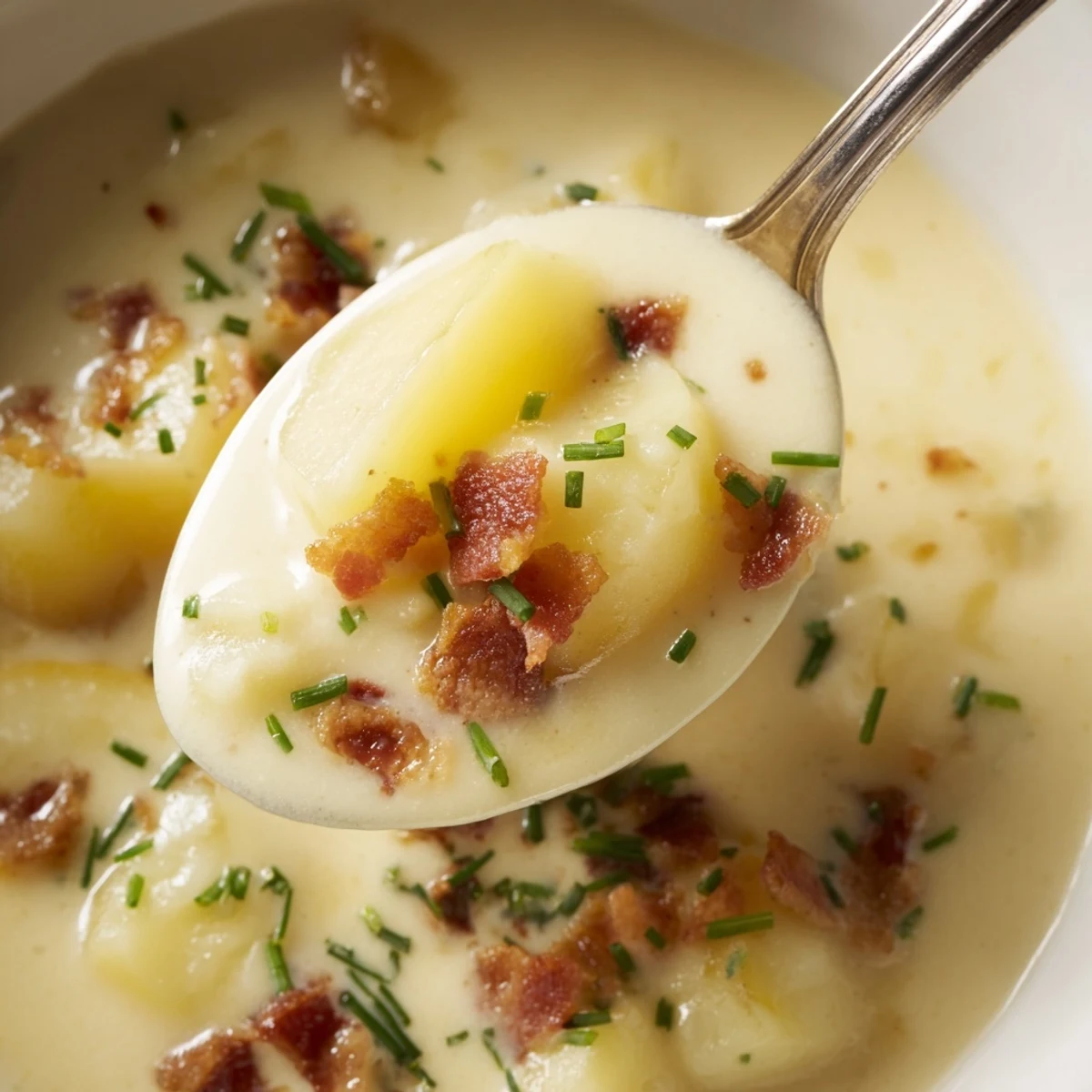 Steaming pot of homemade Irish Cheddar Potato Soup with tender Yukon Gold potatoes and melted sharp cheese, ready to serve.