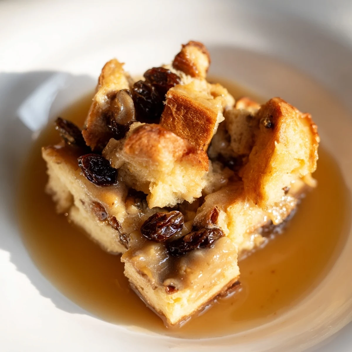 Golden New Orleans Bread Pudding with Sauce, baked custardy and studded with plump raisins, served warm.
