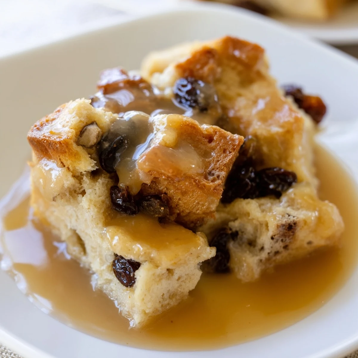 Warm New Orleans Bread Pudding with Sauce drizzled with bourbon sauce, garnished with a dusting of powdered sugar.
