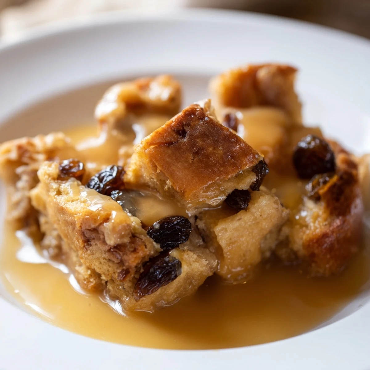 Freshly baked New Orleans Bread Pudding with Sauce on a rustic plate, ready to serve with a generous drizzle.