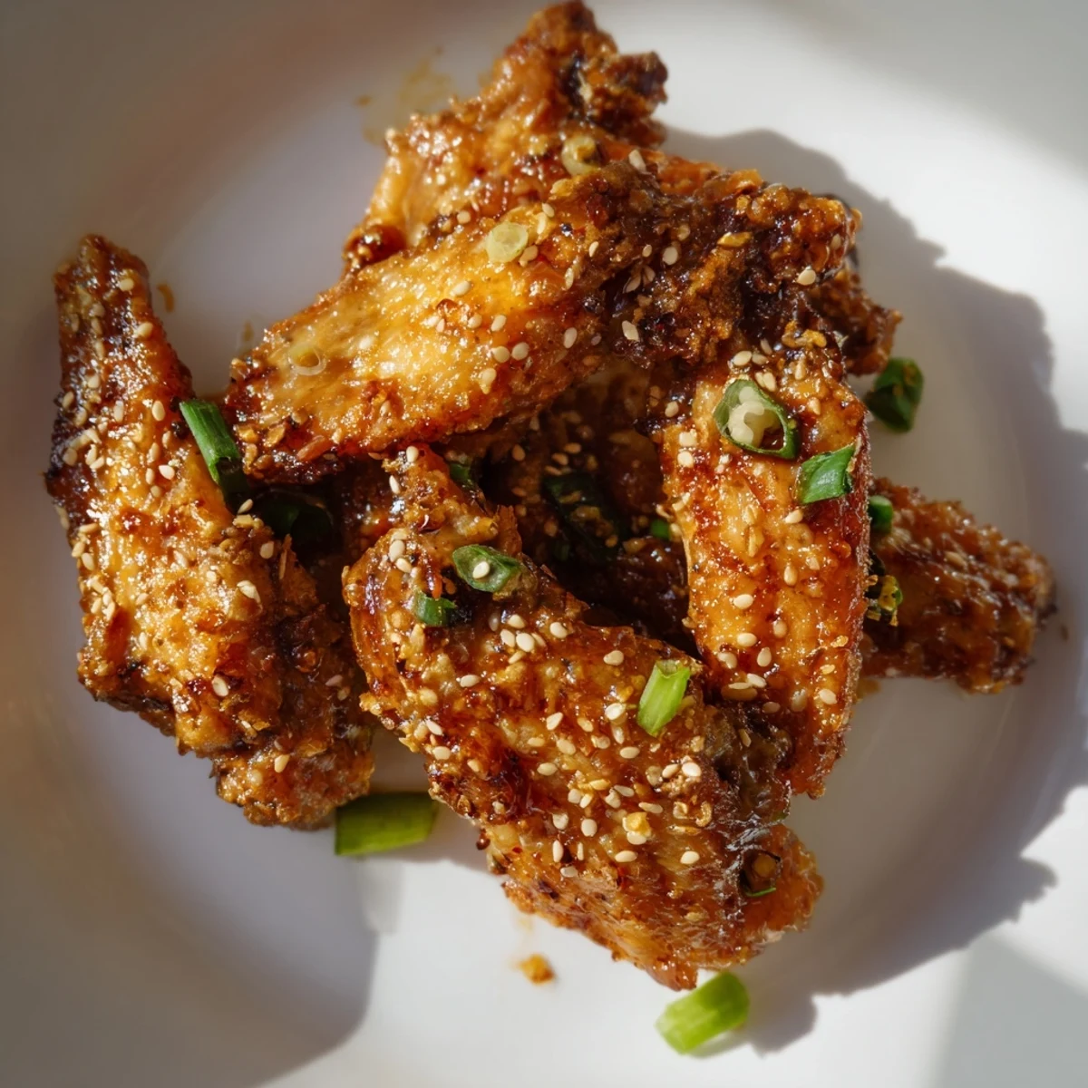 Golden brown crispy Big Game Sticky Honey Garlic Wings glistening with sweet glaze, garnished with fresh scallions and sesame seeds on a platter.