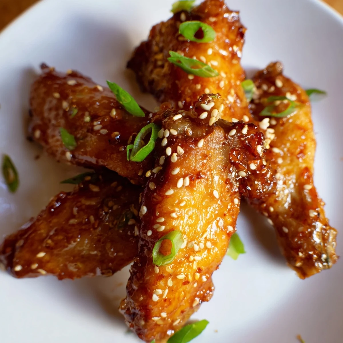 A close-up of Big Game Sticky Honey Garlic Wings showing their crunchy texture and caramelized glaze, ready for snacking at a party.