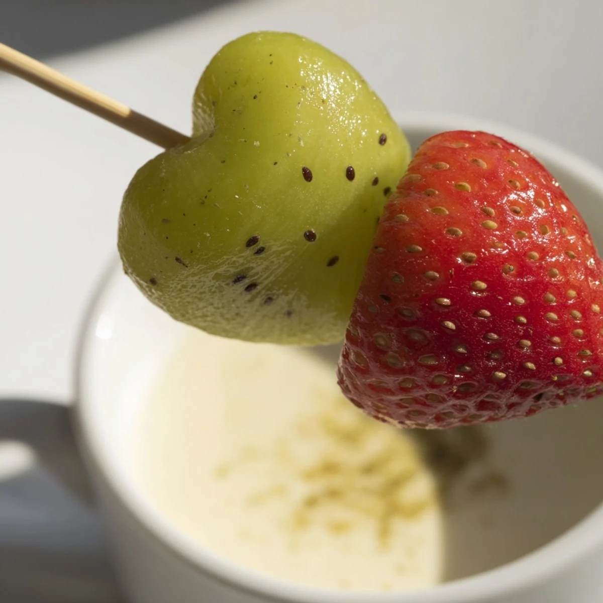 Colorful Sweetheart Fruit Kabobs with Yogurt Dip arranged on a platter, featuring vibrant strawberries, kiwi, and melon for a healthy Valentine's Day snack.