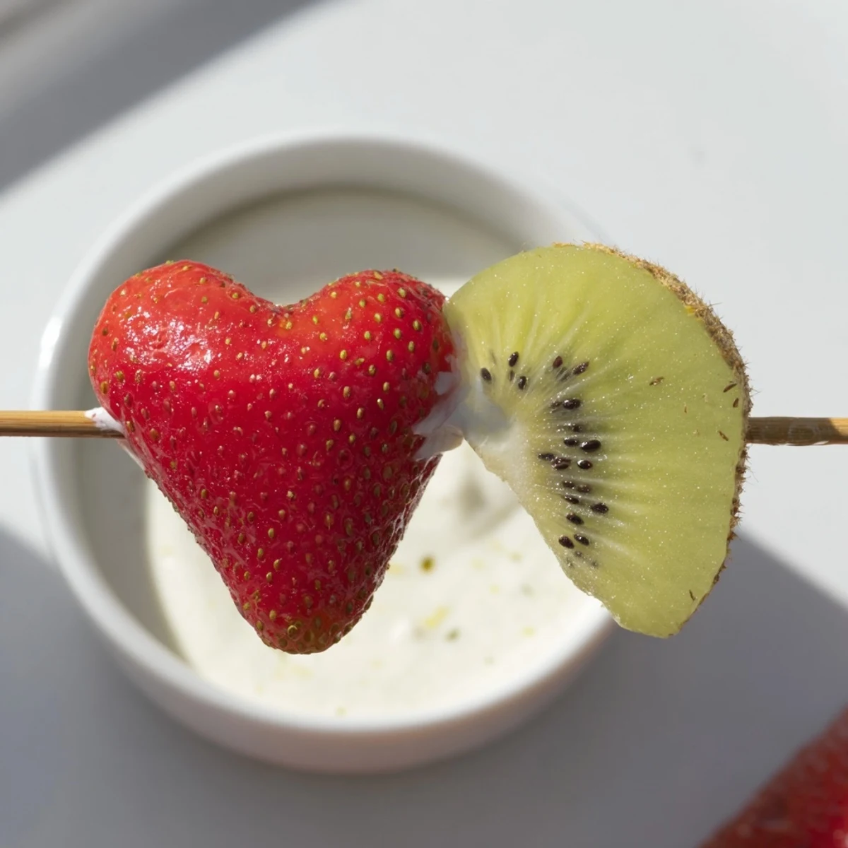 Sweetheart Fruit Kabobs with Yogurt Dip served on wooden skewers, perfect for a festive party platter or a romantic dessert spread.