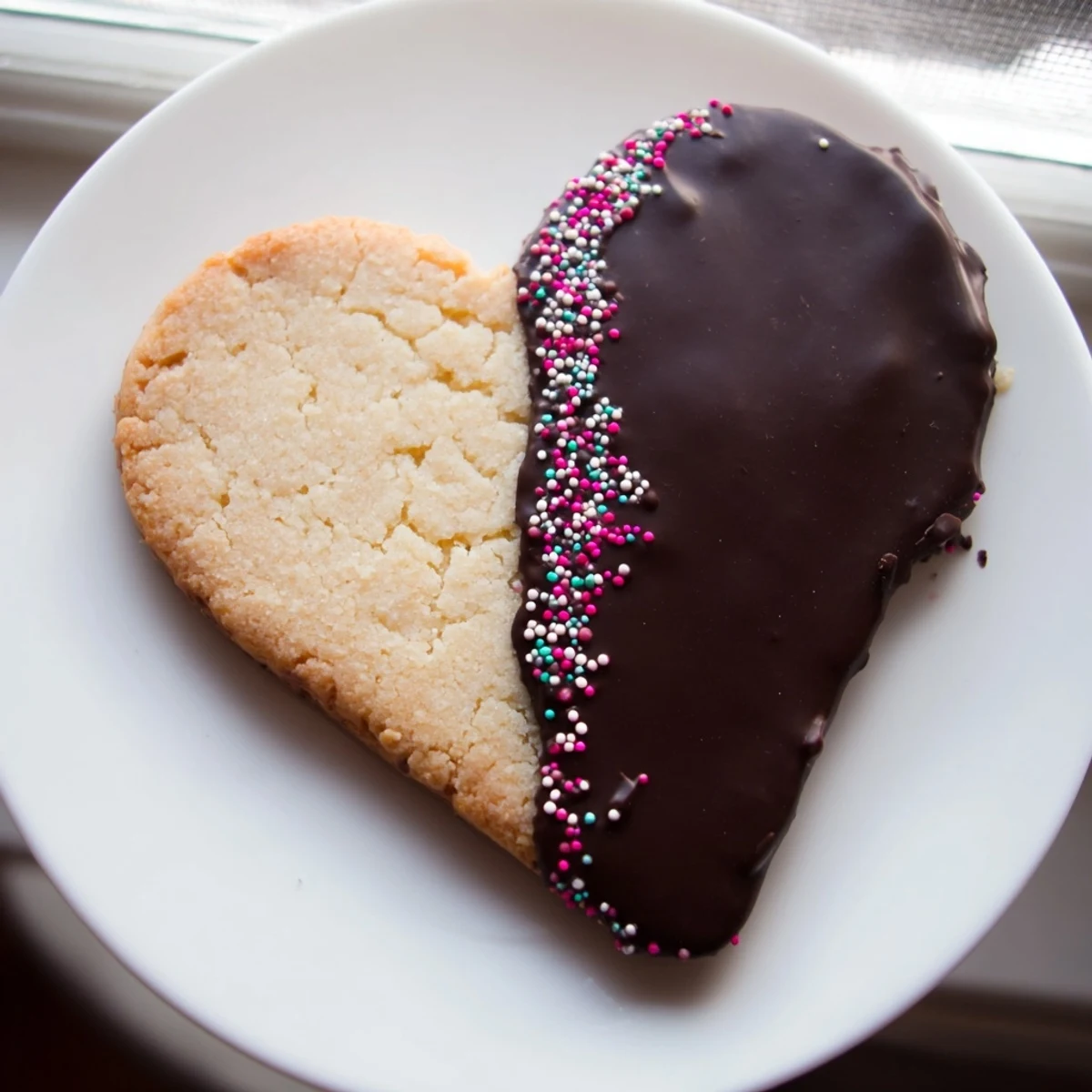 Golden-brown Chocolate Dipped Shortbread Hearts arranged with tea cups for an afternoon treat.