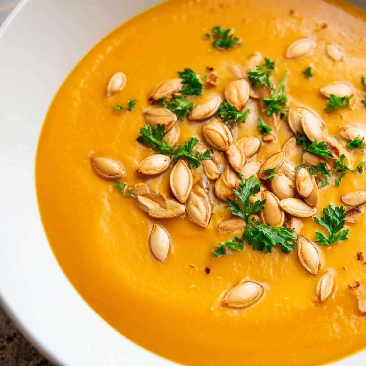 Creamy Pumpkin Soup with Toasted Seeds steaming in a rustic bowl, topped with golden seeds and fresh herbs.