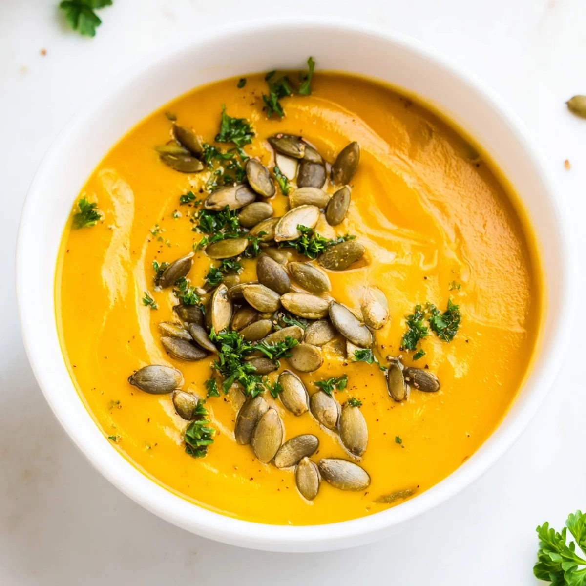 Close-up of Creamy Pumpkin Soup with Toasted Seeds, featuring a rich texture and crunchy seed topping.