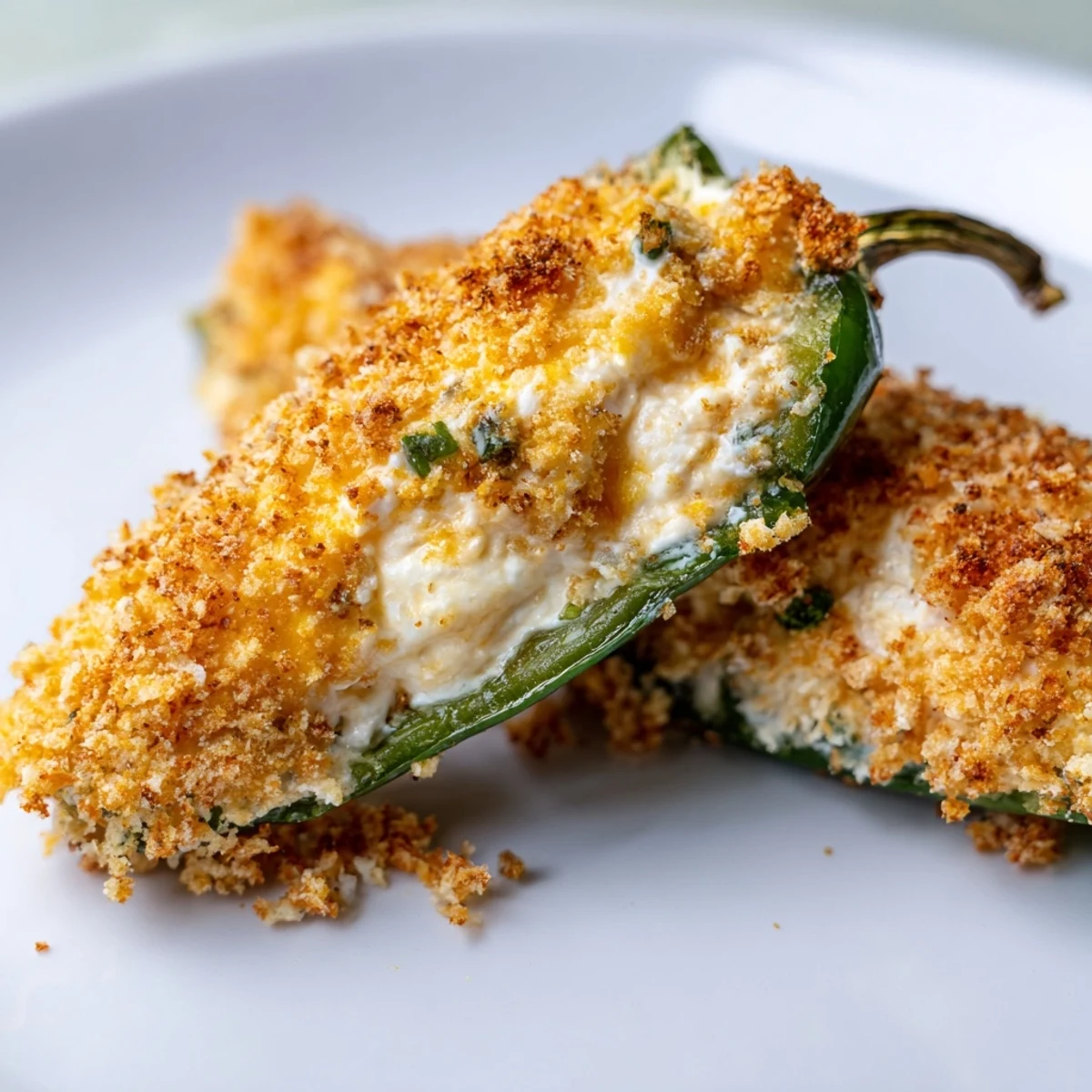 Golden-brown Spicy Jalapeño Poppers with Cream Cheese sit on a platter, showing melted cheese ooze and fresh chive specks.