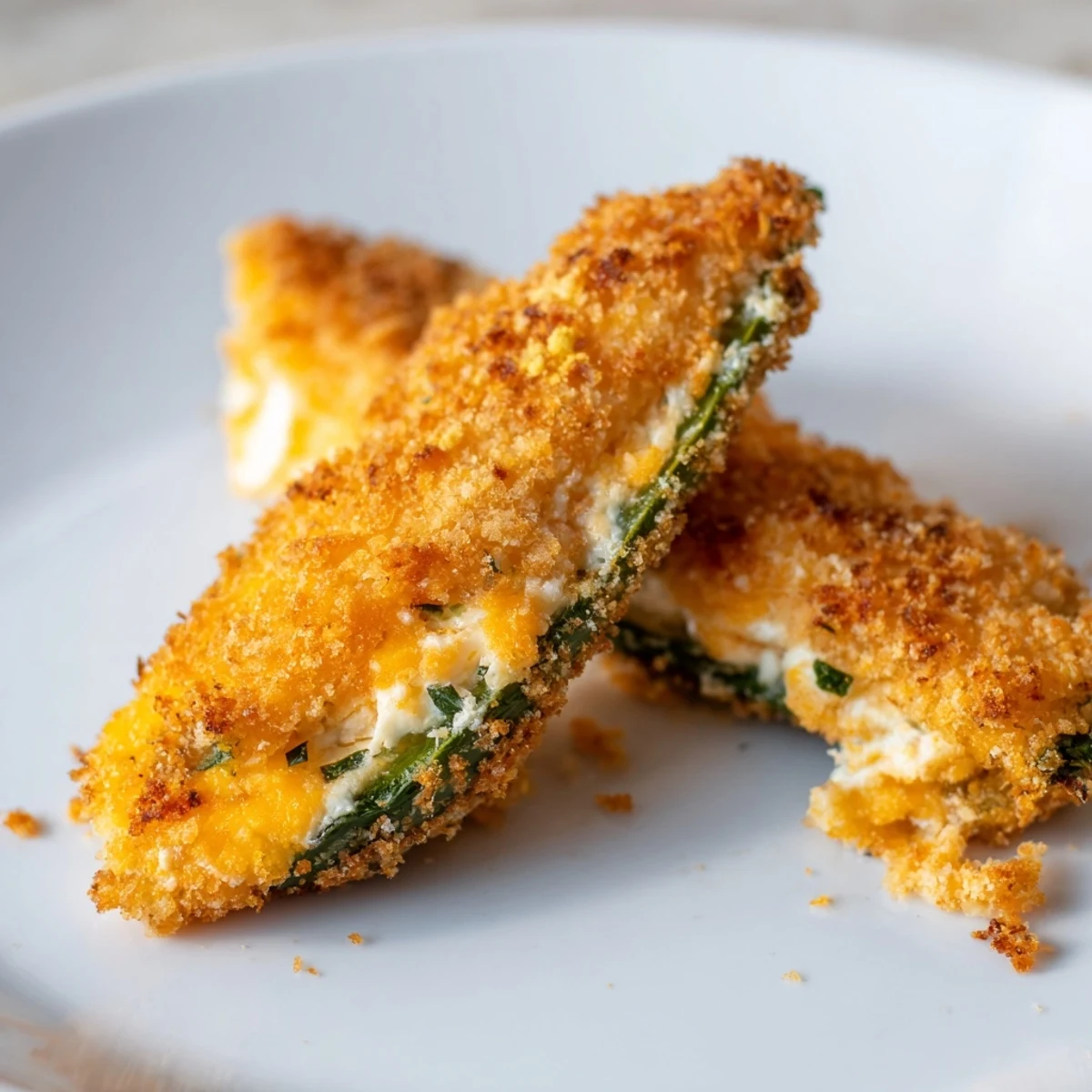 A close-up shows a hand dipping a Spicy Jalapeño Poppers with Cream Cheese into creamy ranch dressing on a rustic table.