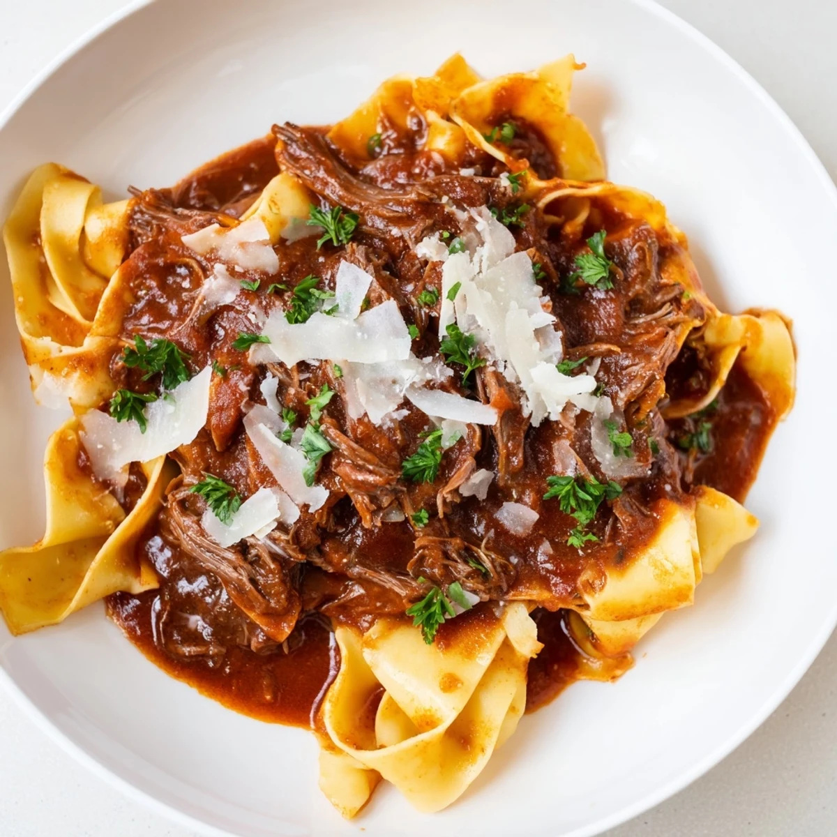 A close-up of Slow Cooker Beef Ragu with Pappardelle showcasing shredded meat and rich red sauce clinging to wide pasta noodles.  