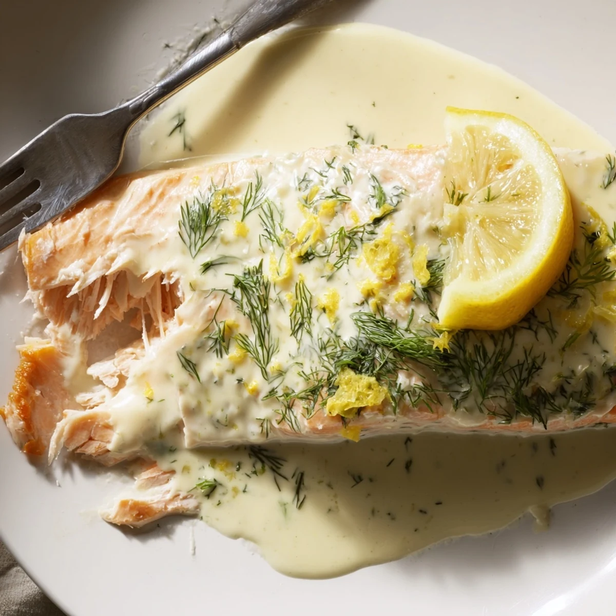 Tender baked salmon with dill and lemon sauce, garnished with fresh sprigs and bright citrus slices on a rustic plate.