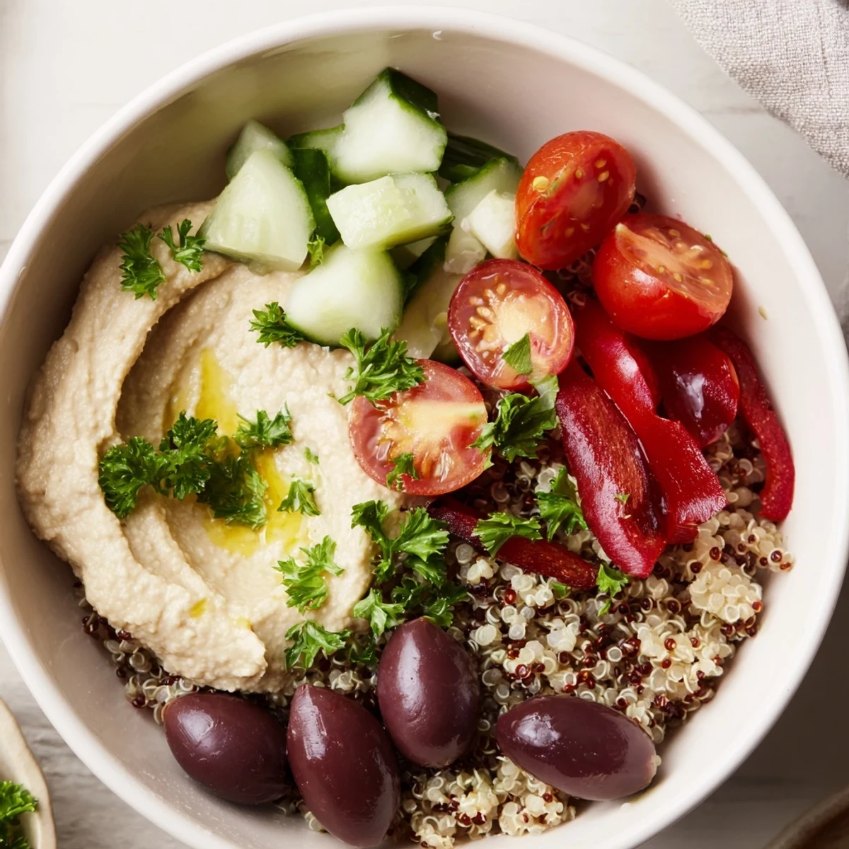 A vibrant Mediterranean Quinoa Bowl topped with creamy hummus, fresh veggies, and crumbled feta cheese.  