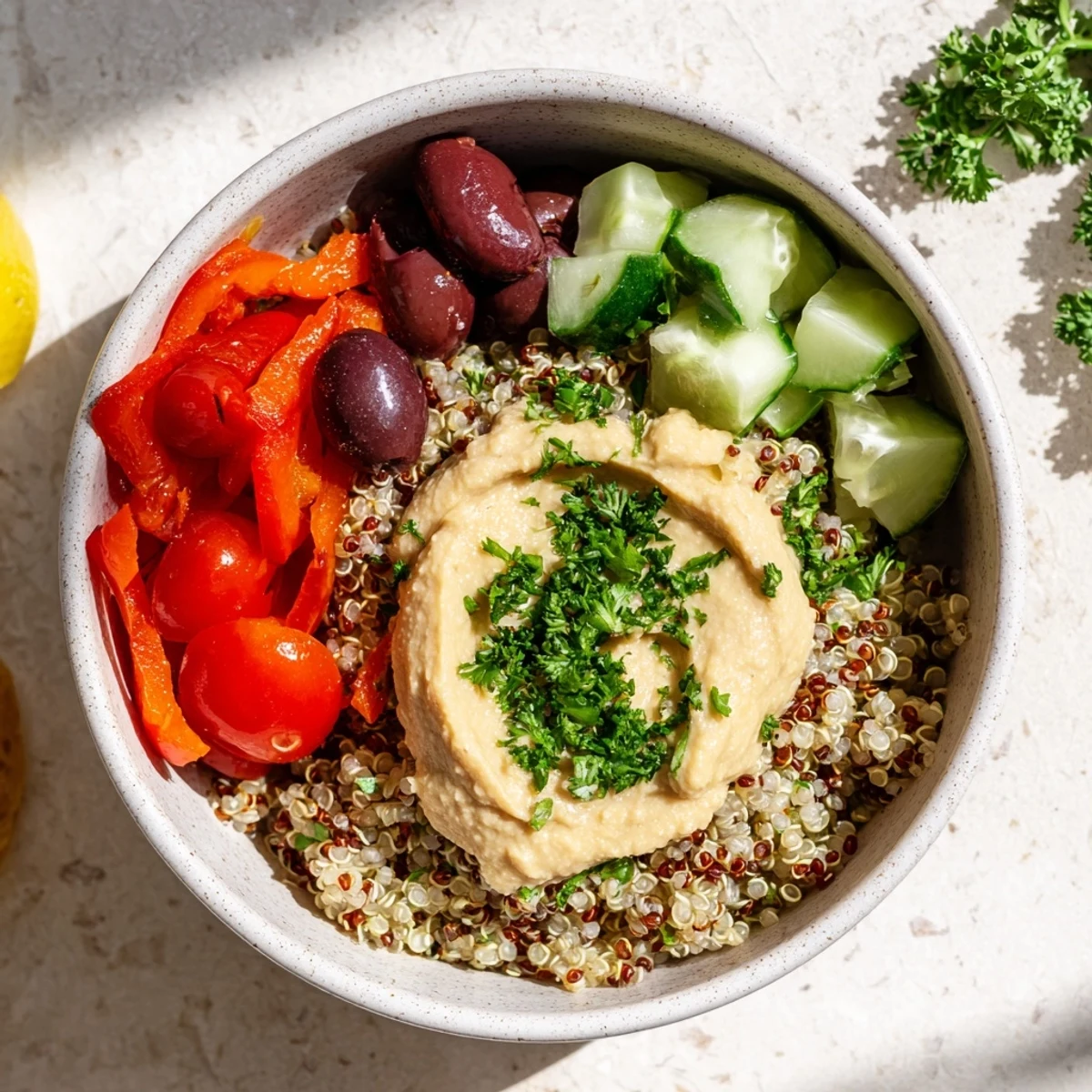 Fluffy quinoa with olives, tomatoes, and cucumber drizzled with lemon dressing in a ceramic bowl.  