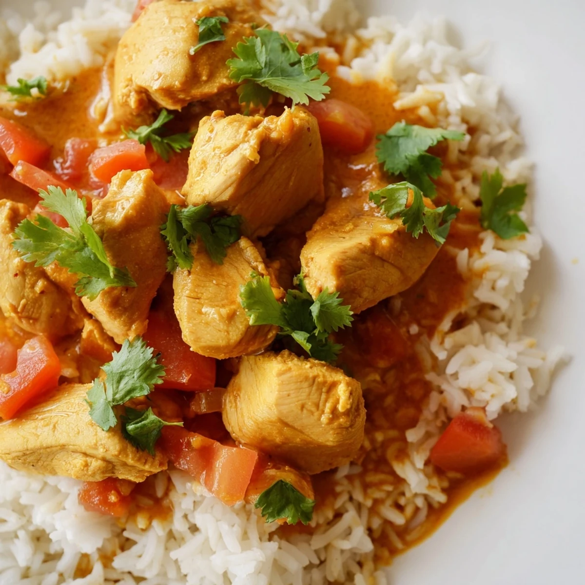 Golden-brown chicken thighs in a creamy, fiery curry sauce with tender rice, ready to serve for dinner.