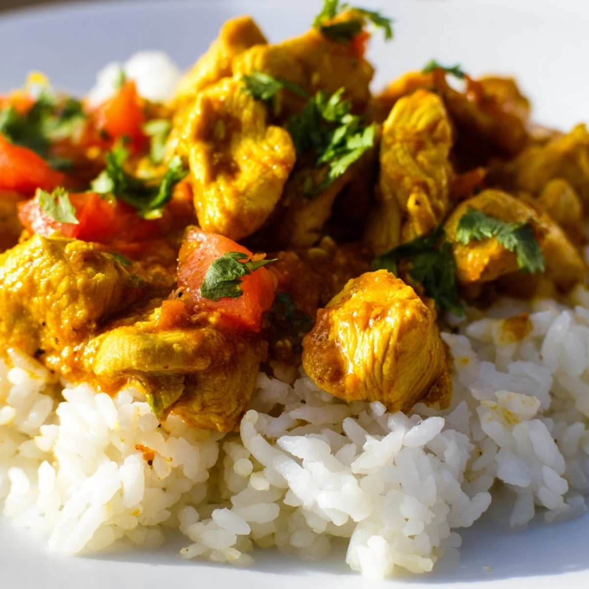 Rich coconut milk curry simmered with spices and chicken, paired with fluffy steamed rice and fresh cilantro.