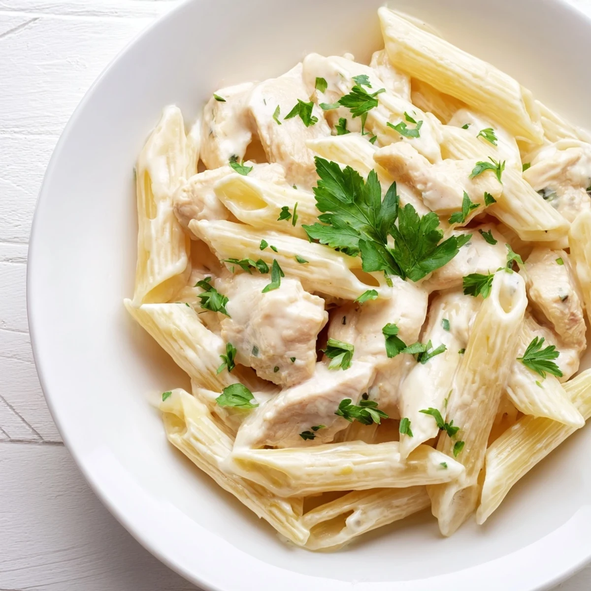 Creamy Chicken Alfredo with Penne features golden chicken and al dente pasta coated in a velvety Parmesan cream sauce garnished with fresh parsley.