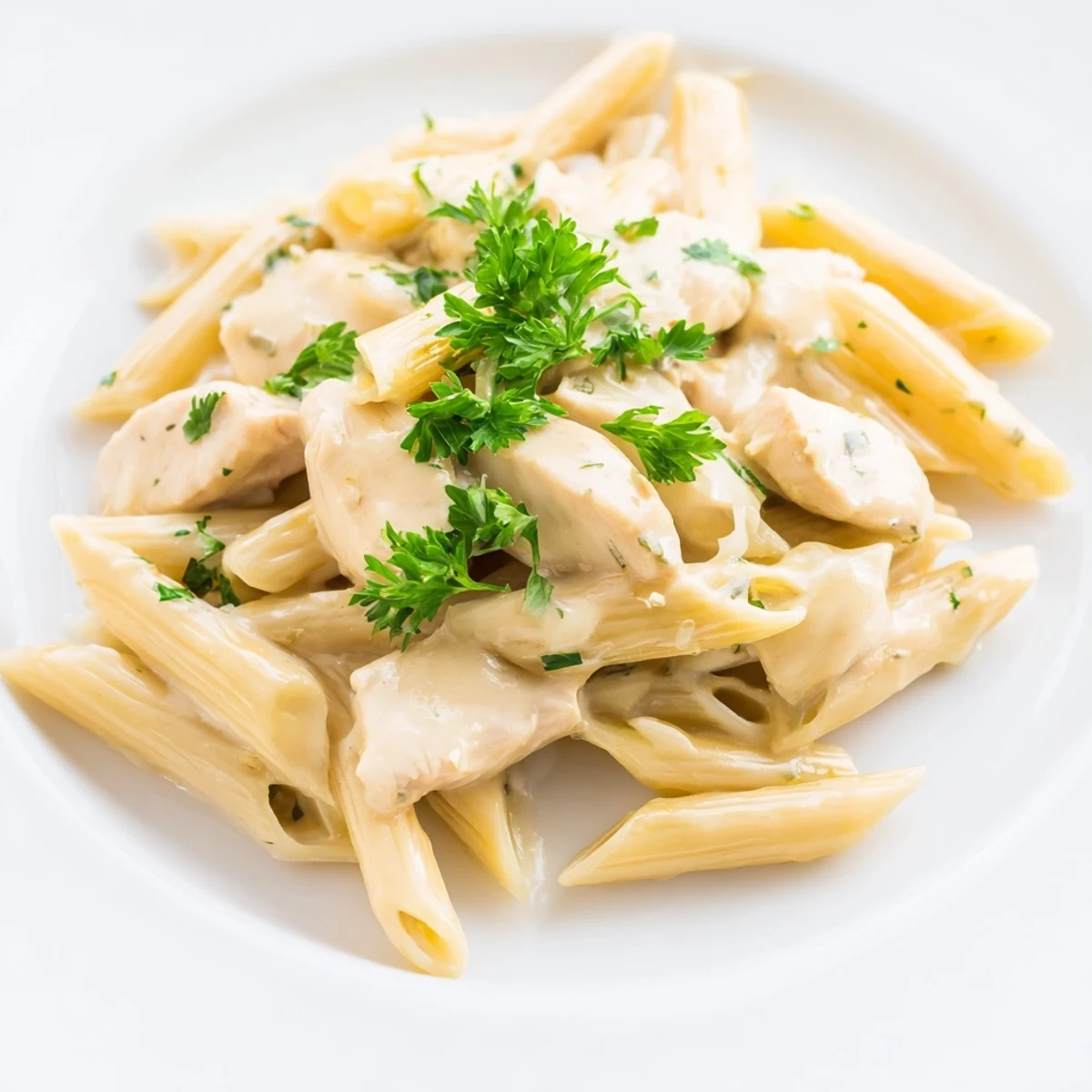 Steam rises from a warm plate of Creamy Chicken Alfredo with Penne, highlighting rich Parmesan sauce and tender chicken pieces.