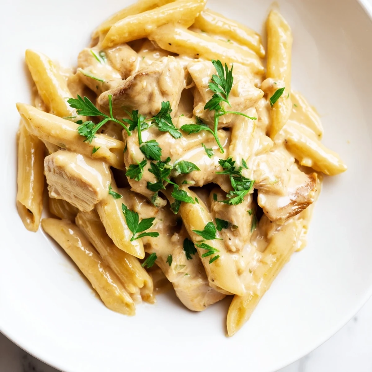 Close-up view of Creamy Chicken Alfredo with Penne served on a white plate, showing every creamy noodle and bite of juicy chicken.