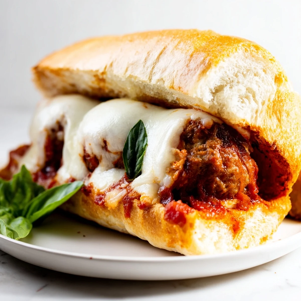 A close-up of golden-baked turkey meatballs nestled in a toasted sub roll, generously topped with melted mozzarella and fresh basil.