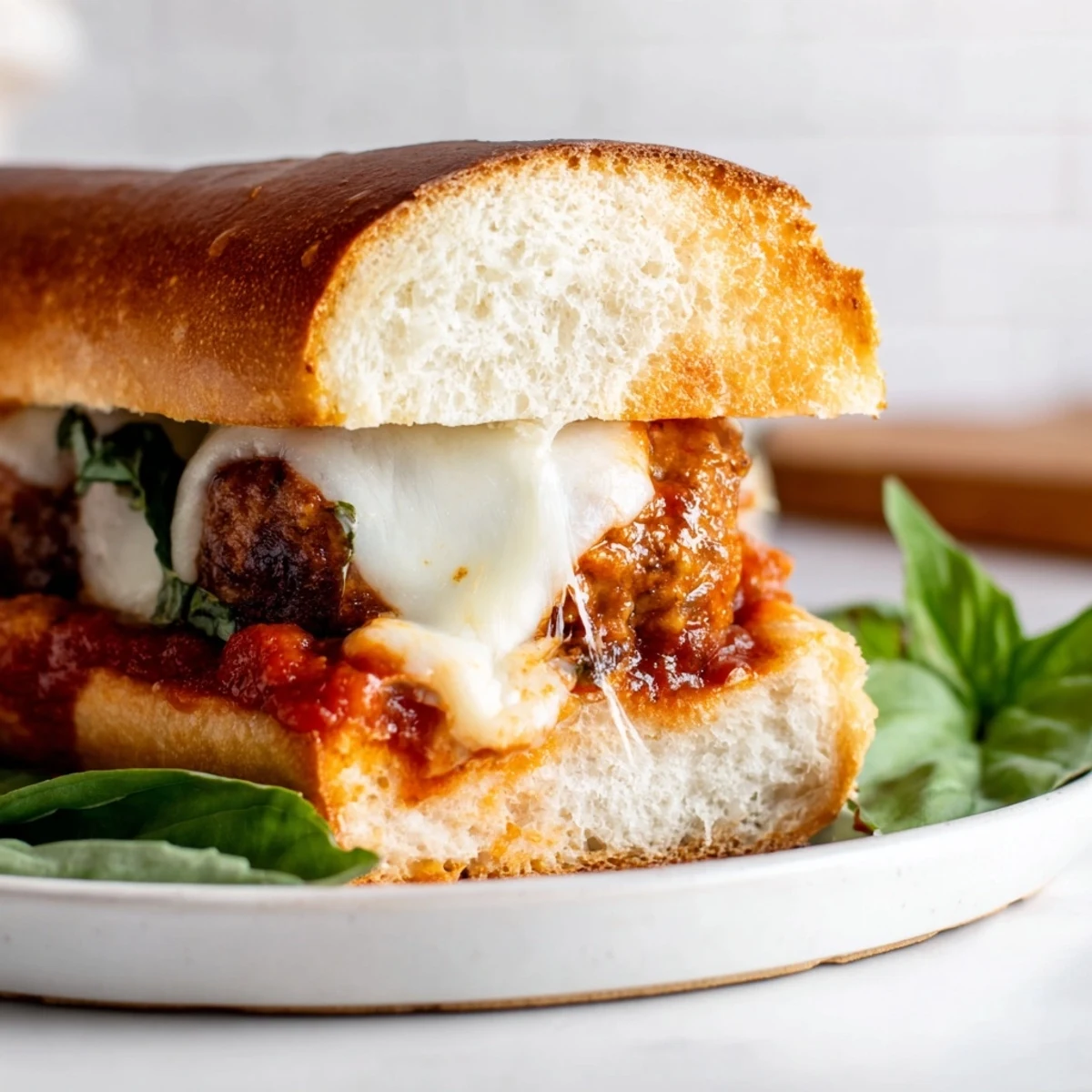Turkey Meatball Subs with cheese on a wooden board, garnished with basil, served with marinara sauce for dipping.