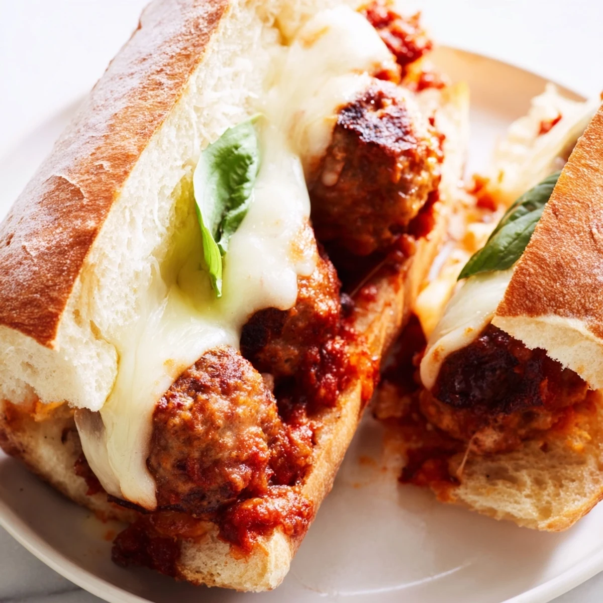 Freshly broiled Turkey Meatball Subs with melted cheese, piled high with tender meatballs in marinara on a rustic table setting.
