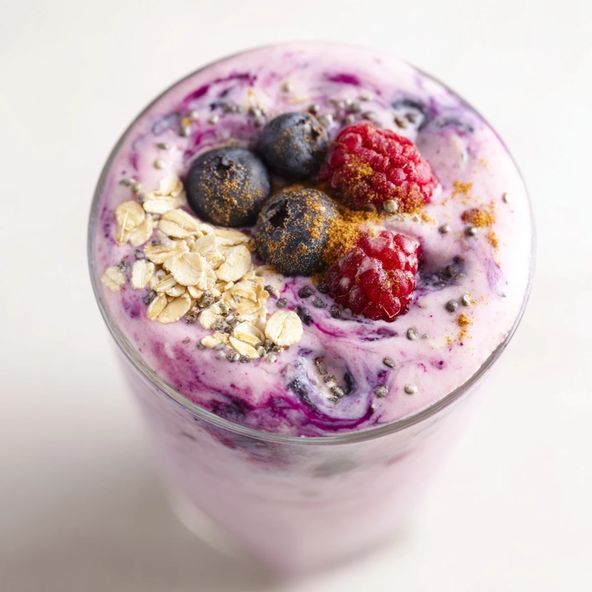 A thick, creamy Winter Smoothie Blend with Berries in a frosty glass, topped with fresh berries and a sprinkle of cinnamon.  
