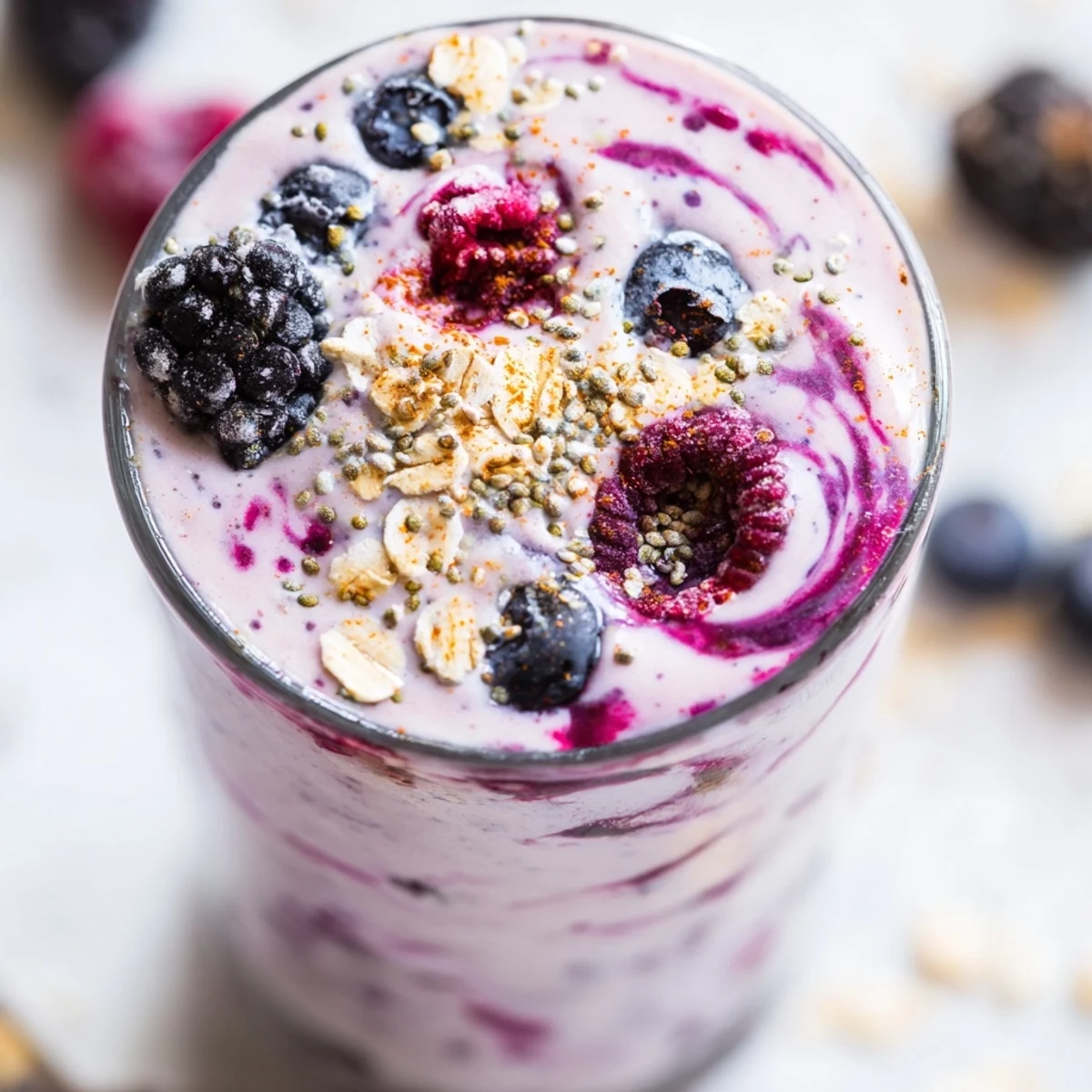 Vibrant purple Winter Smoothie Blend with Berries swirling in a blender, with apple slices and Greek yogurt nearby on a rustic countertop.  