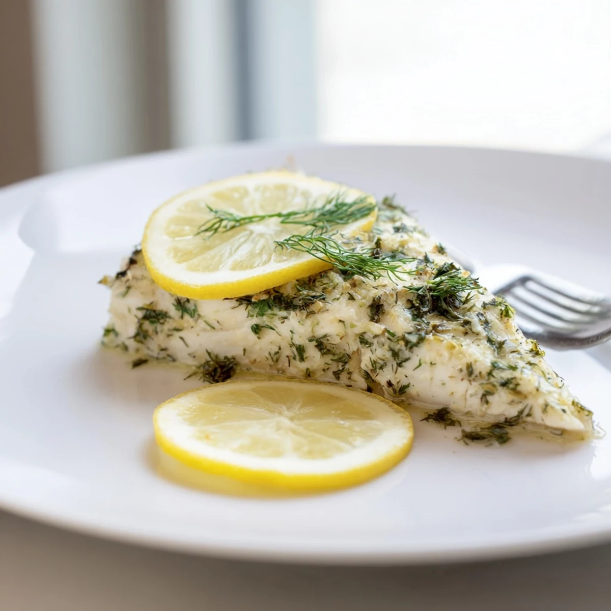 Golden-brown baked halibut fillets topped with fresh herbs and lemon slices, resting in a baking dish with melted butter.