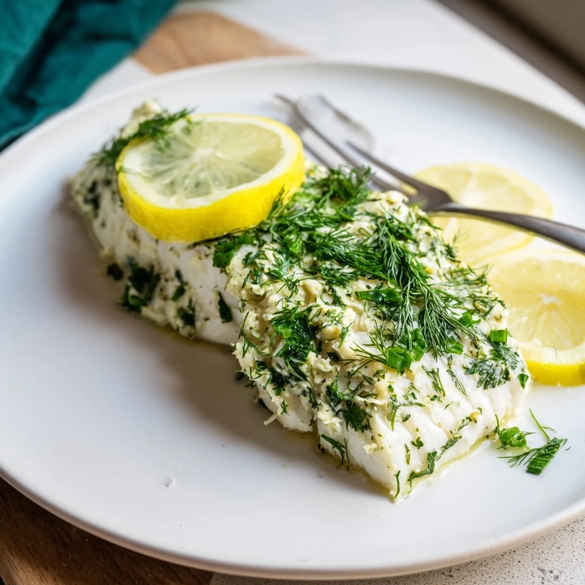 A close-up of tender baked halibut with herbs and butter, served alongside steamed asparagus for a light main course.