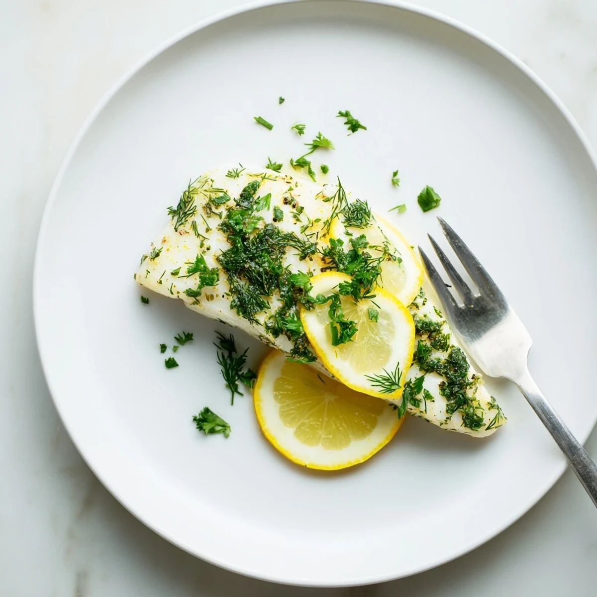 Fresh halibut fillets baked to perfection with aromatic herbs and rich butter, ready to serve on a dinner plate.