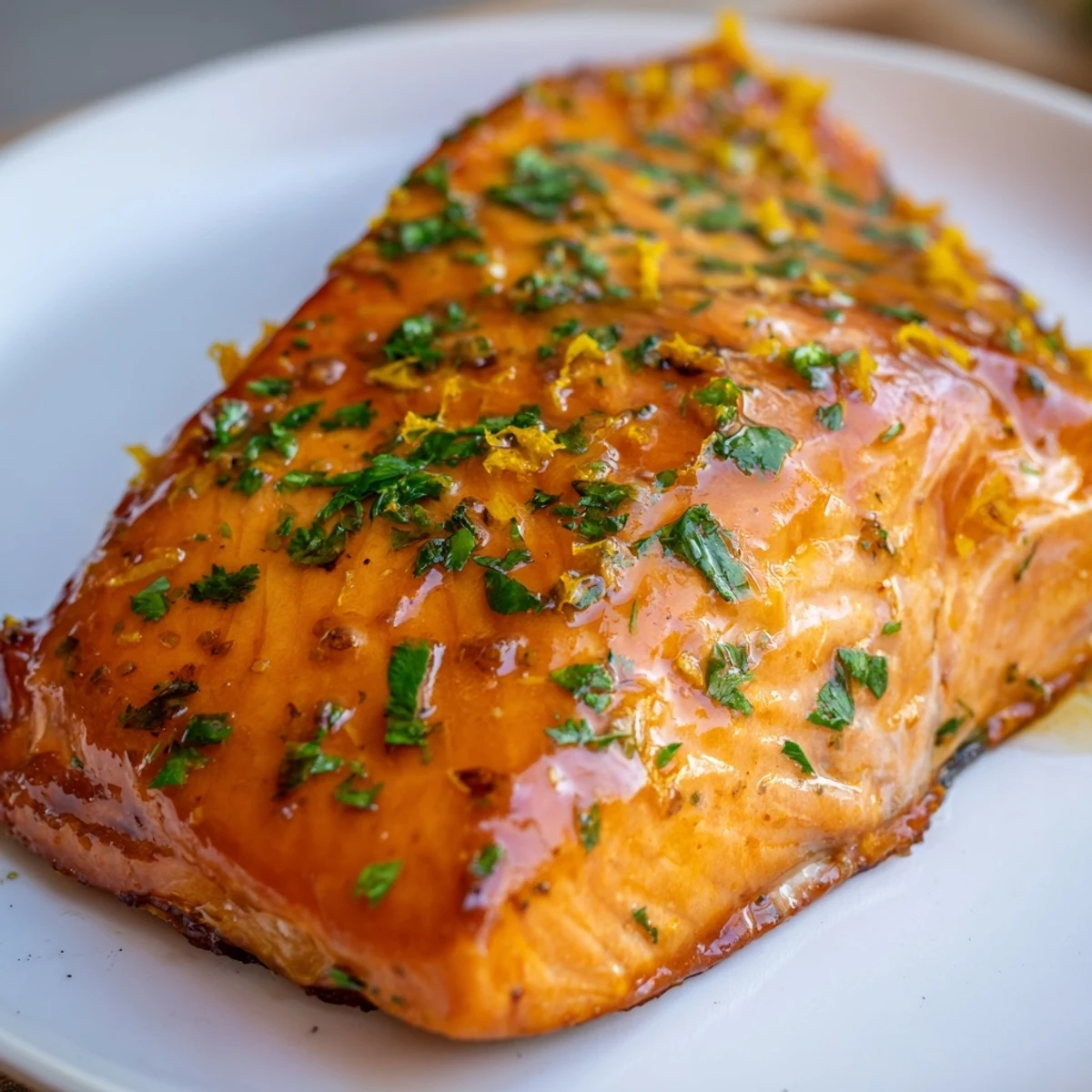 Four baked salmon fillets glisten with a vibrant orange glaze, garnished with fresh parsley and bright orange slices.