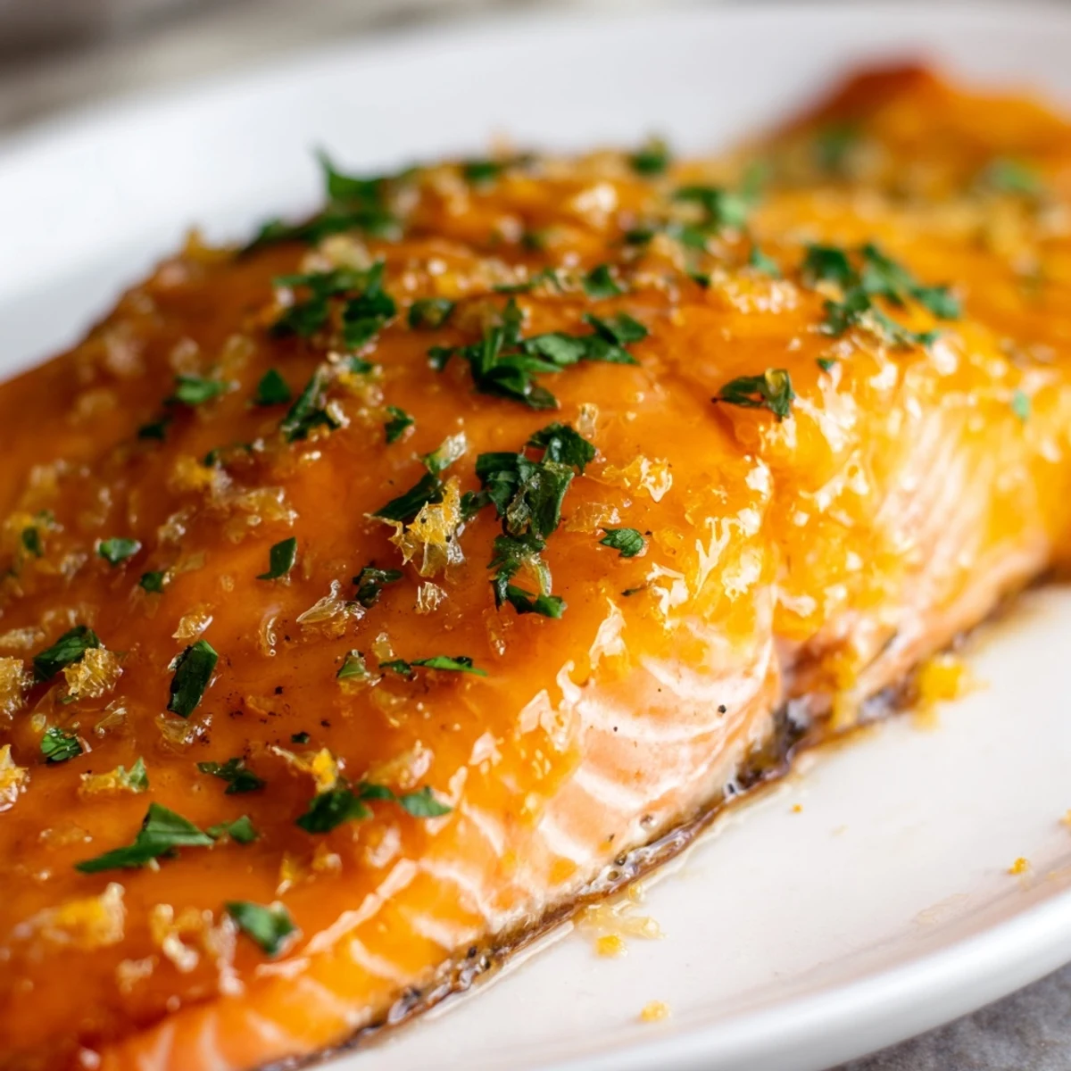 A close-up of tender, flaky salmon fillets drizzled with sticky orange glaze, served over a bed of fluffy rice.